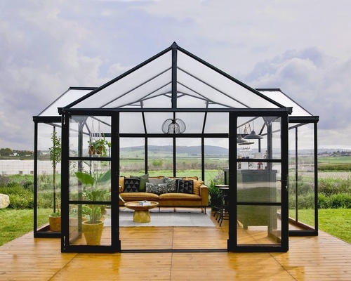 Chambre portable avec toit en verre trempé en poudre en aluminium finition lisse