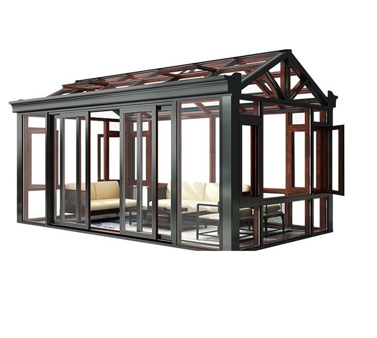 Toit en verre trempé Chambre solaire de jardin d'hiver avec porte coulissante double et cadre en aluminium
